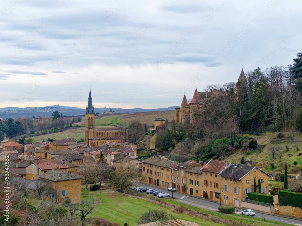 View of Jarnioux medieval village, church and castle, Beaujolais, France