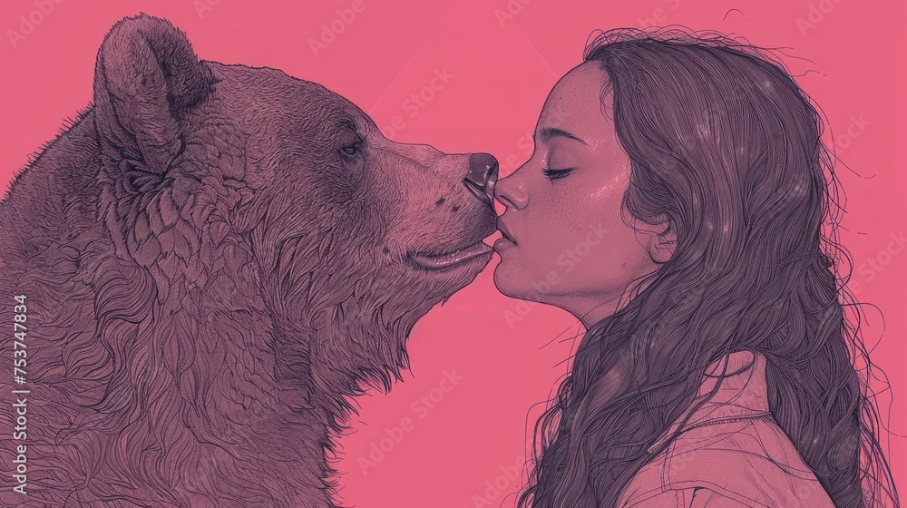 Fototapeta premium a drawing of a woman kissing a bear with a star on the back of the bear's head on a pink background.