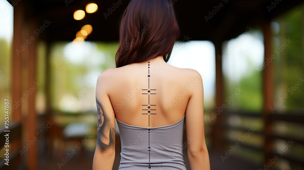woman with a unique linear tattoo along her spine, a combination of geometric shapes and circles in a symmetrical pattern.
Concept: subcultures and self-expression tattoos and body art