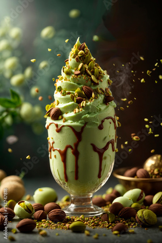Pistachio icecream with mapple syrup and chocolate, realistic render  smoke,  dramatic lighting and cinematic lighting.