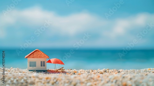 Miniature house and umbrella on beach, blue sea and sky on blurred background