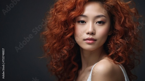 beautiful smirking curly redhead young japanese woman with healthy skin looks at the camera. Natural makeup of a young beautiful model on a studio background. cosmetic concept.