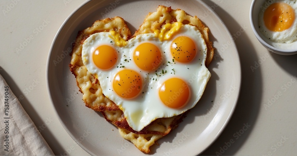 Craft an ultra-realistic close-up image of two fried eggs arranged in the shape of a heart on a breakfast plate. Pay meticulous attention to the details of the fried egg whites and yolks-AI Generative Craft an ultra-realistic close-up image of two fried eggs arranged in the shape of a heart on a breakfast plate. Pay meticulous attention to the details of the fried egg whites and yolks-AI Generative
