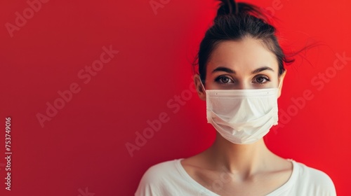 woman in white face mask on red background  © Emil