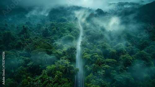 A road in a forest with foggy mist