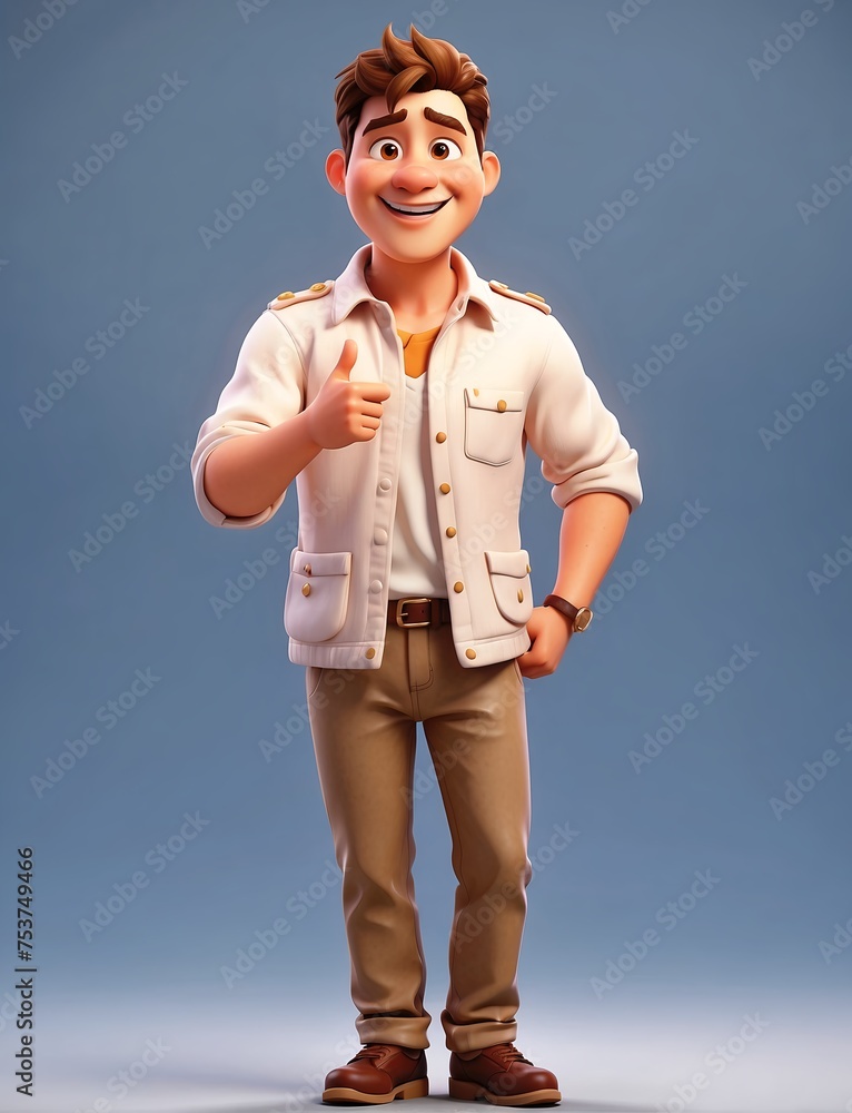 Funny 3d illustration male character, man smiling showing thumb up hand gesture isolated on light blue background