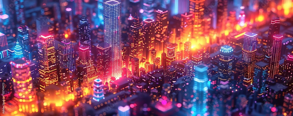 Vibrant cityscape with isometric buildings depicts futuristic urban life and dynamic elements.