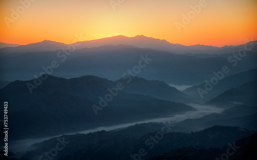 Fototapeta Naklejka Na Ścianę i Meble -  Twilight Hues over the Rolling Hills of Nagarkot, Nepal