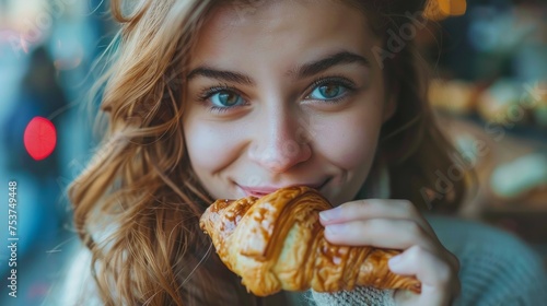 young beautiful girl eating a croissant, close-up, crop photo. 
