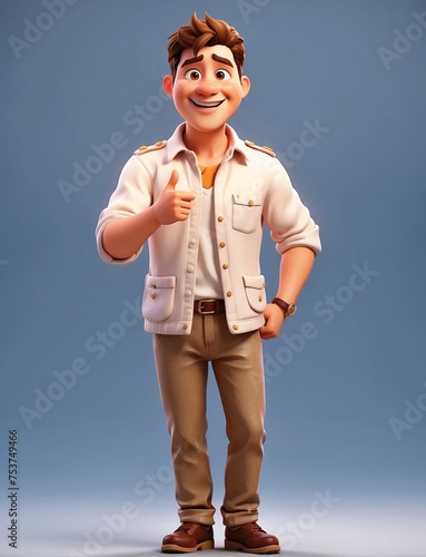 Obraz na płótnie Funny 3d illustration male character, man smiling showing thumb up hand gesture isolated on light blue background w salonie