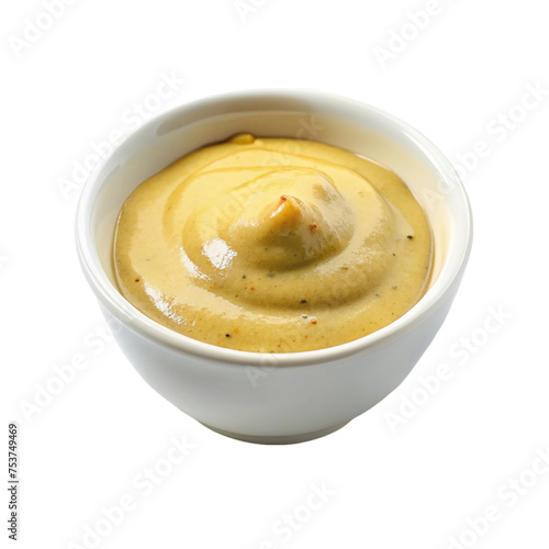 Mustard in white bowl. isolated on transparent background.