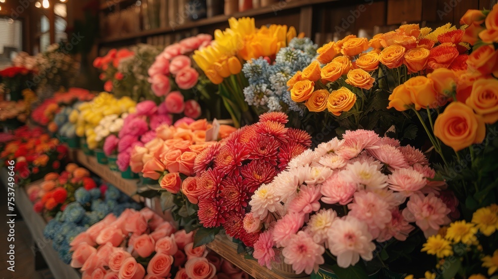 a bunch of flowers that are sitting on a shelf in a room with a bunch of flowers on the shelf in front of them.
