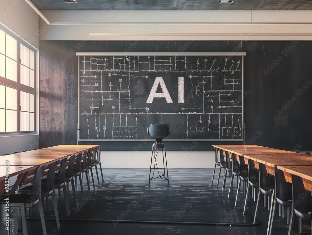 AI écris sur un tableau noir dans une salle de classe - Intelligence Artificielle Éducation et Technologie - obrazy, fototapety, plakaty 