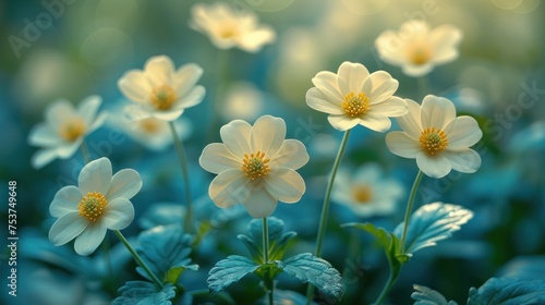 a close up of a bunch of flowers with a blurry background of blue and white flowers in the foreground.