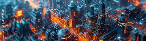 Isometric buildings set in a futuristic city, showcasing advanced technology and cyberpunk aesthetics.