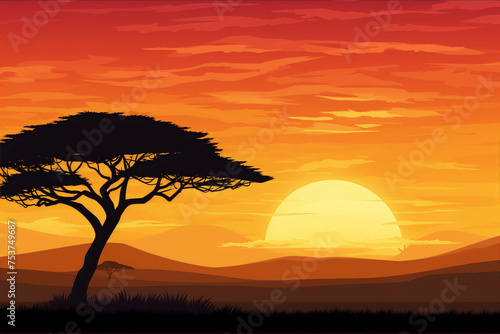Savanna landscape with silhouettes of grass, trees and setting sun in the orange sky,Minimalist vector art
