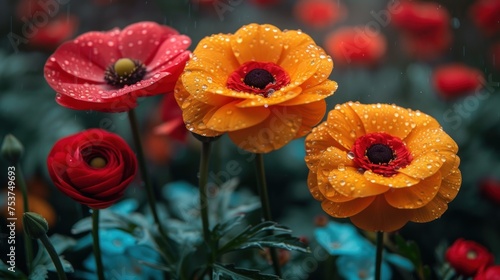 three red  yellow and orange flowers with water droplets on them  in a field of green and red flowers.