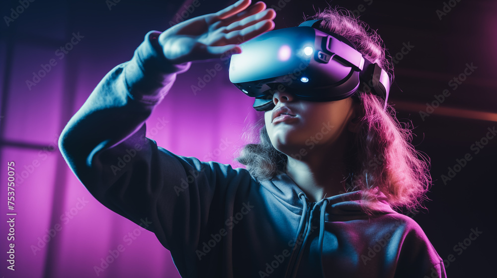 Little girl in suit wearing virtual reality glasses and looking surprised up in a futuristic environment. Virtual technology Little girl in suit wearing virtual reality glasses and looking surprised up in a futuristic environment. Virtual technology