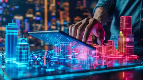 Detail of A man using digital tablet with a modern buildings hologram on it. Real estate business and building technology concept, illustration generative ai