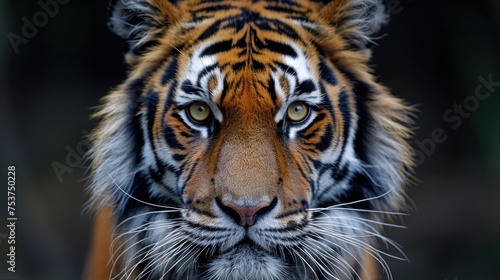 a close up of a tiger's face looking at the camera with a blurry background of trees in the background.