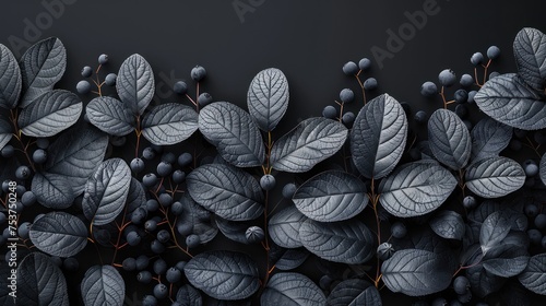 a close up of a bunch of leaves and berries on a black background with a place for text or image. photo