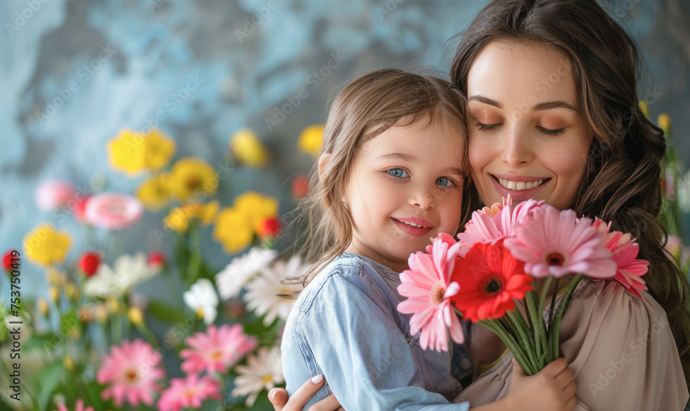 Fototapeta premium A woman is holding a child and a bouquet of flowers. The child is smiling and the woman is smiling as well. Concept of warmth and happiness, as the mother and daughter share a special moment together
