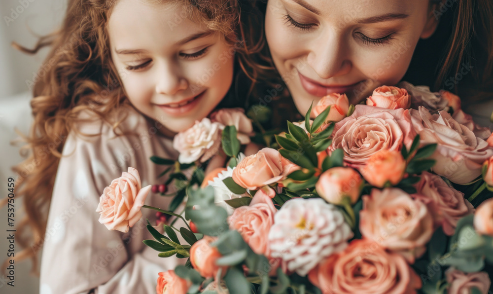 A woman and a child are holding a bouquet of flowers. The woman is smiling and the child is looking up at her. The flowers are pink and white, and they are arranged in a vase A woman and a child are holding a bouquet of flowers. The woman is smiling and the child is looking up at her. The flowers are pink and white, and they are arranged in a vase