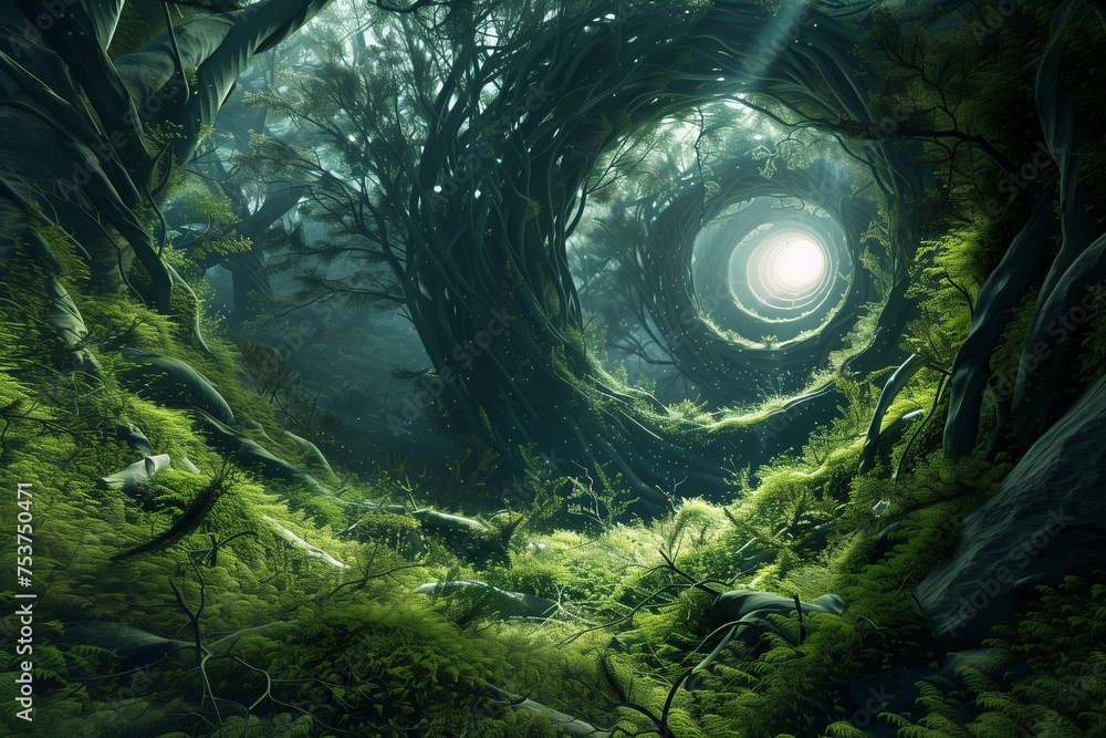Fototapeta premium Enchanted forest clearing with mystic light from above.