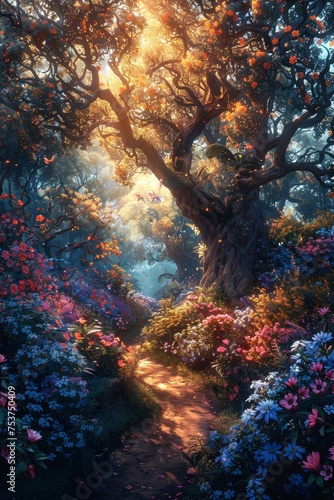 Enchanted woods teeming with mystical beings, in vivid hues and intricate drawings.