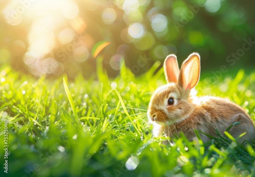 Cute little bunny sitting on the green grass in sunny day Generative AI