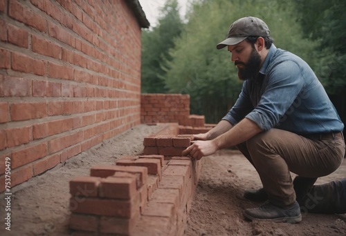 bricklaying. Worker checks erected brick wall with level