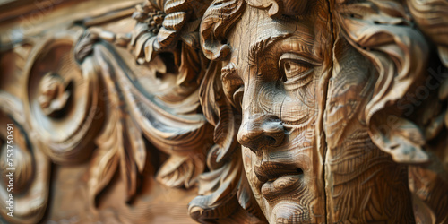 Classic Bas-Relief Sculpture Detail. Detailed close-up of a wooden bas-relief, showcasing a serene face amidst floral motifs.