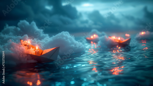 A group of paper boats are floating in the water, with some of them lit up