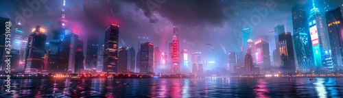 Highlighting the interplay of light and shadow, neon cityscapes at dusk showcase cyberpunk aesthetics.