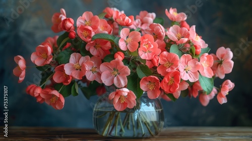 a vase filled with pink flowers sitting on top of a wooden table on top of a wooden table next to a blue wall. photo