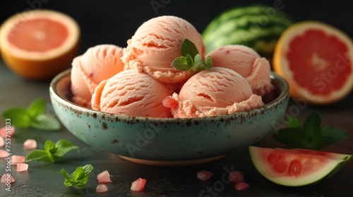 a bowl filled with pink ice cream next to slices of watermelon and a green leafy garnish. photo