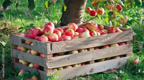 a wooden crate filled with lots of red and yellow apples sitting on the ground next to a tree in the grass. photo