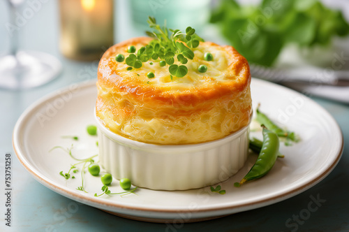 Fluffy cheese soufflé with vibrant spring green peas and herbs on a plate. Horizontal, side view.
