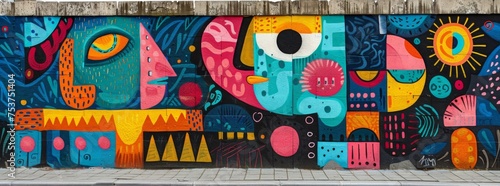 Colorful street art mural with abstract faces on city wall, showcasing eclectic urban creativity.