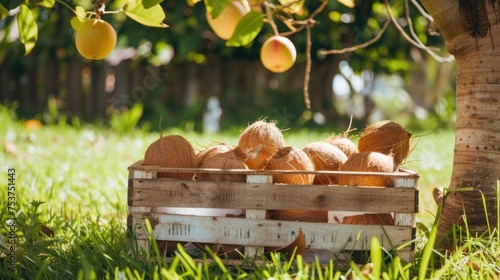 a crate full of oranges sitting in the grass under a tree in front of a fence with a fence in the background. photo