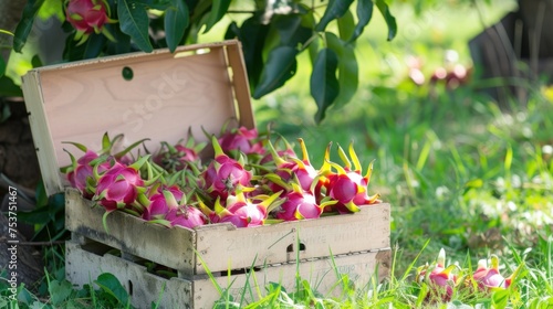 a wooden box filled with pink flowers sitting on top of a lush green grass covered field next to a tree. photo