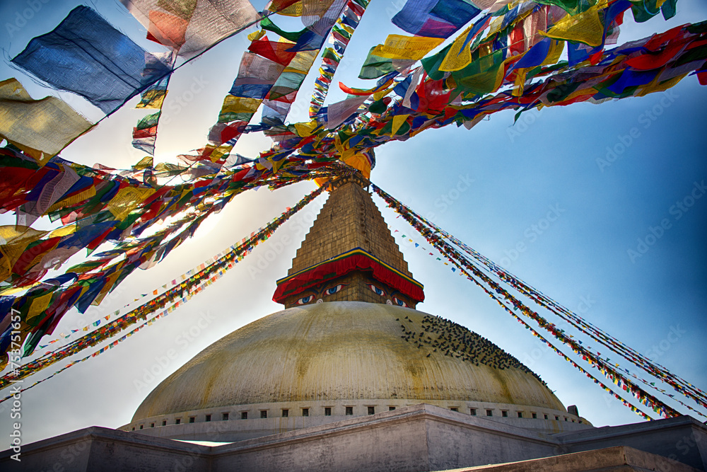 Wisdom Eyes of Boudhanath Stupa Watch Over the Fluttering Prayer Flags