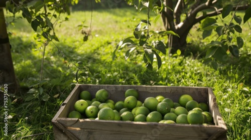 a wooden box filled with lots of green apples in a lush green field next to a wooden pole with a tree in the background.