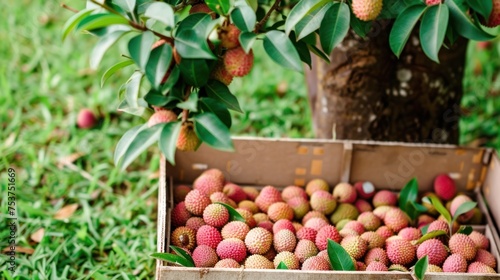 a box filled with lots of fruit sitting on top of a lush green grass covered field next to a tree. photo