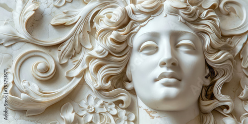 Classic Bas-Relief Sculpture Detail. Detailed close-up of a plaster white bas-relief, showcasing a serene face amidst floral motifs.