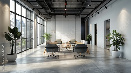 A modern and spacious office interior during the daytime. The office is designed with minimalist aesthetics. Generative AI.