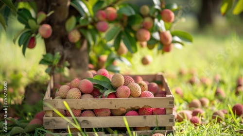 a crate filled with lots of fruit sitting on top of a lush green field with lots of trees in the background. photo