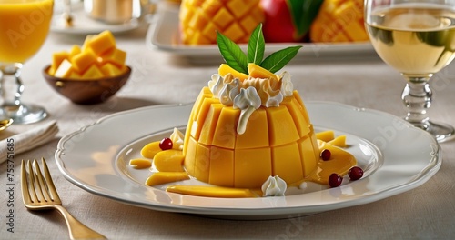 Compose an image of a beautifully presented mango delight being served during a celebration. Pay attention to the ultra-realistic details of the dessert, including the arrangement of man-AI Generative