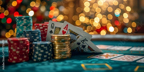 Glamorouscasinoscenewithpokerchipscardsandgoldaccents. Concept Casino Themed Photoshoot, Glamorous Setting, Poker Chips and Cards, Gold Accents