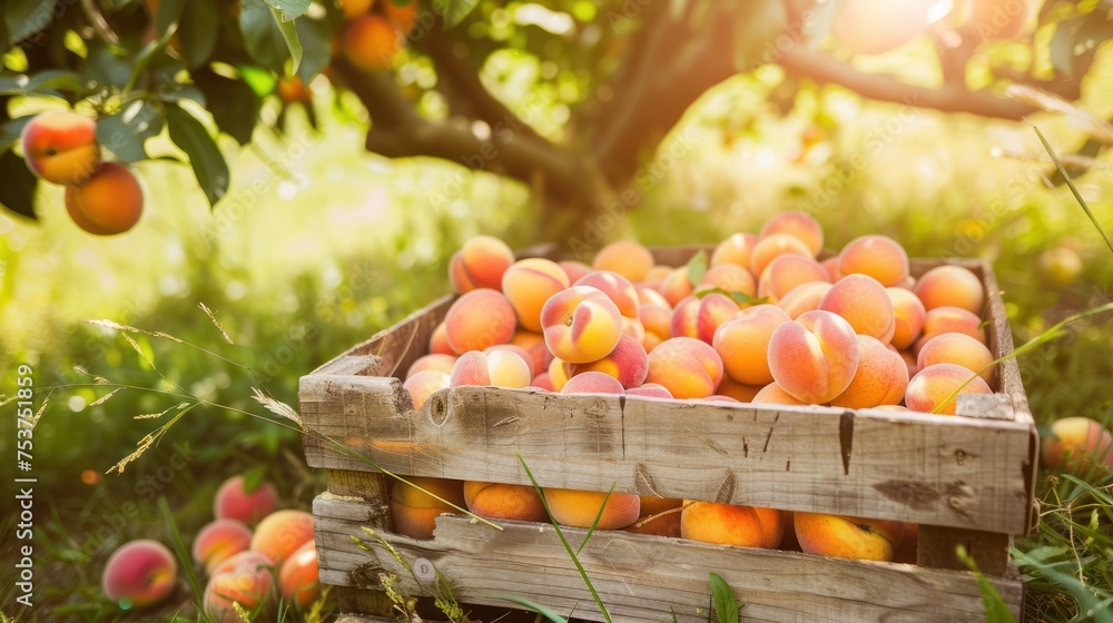 a wooden crate filled with lots of ripe peaches in a grassy area with a tree in the back ground. a wooden crate filled with lots of ripe peaches in a grassy area with a tree in the back ground.